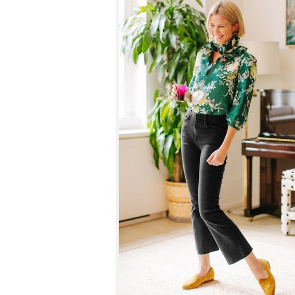 Tuckernuck Bouvier Blouse Green Floral Ruffle Collar Blouson Sleeves Size XS - Picture 7 of 12